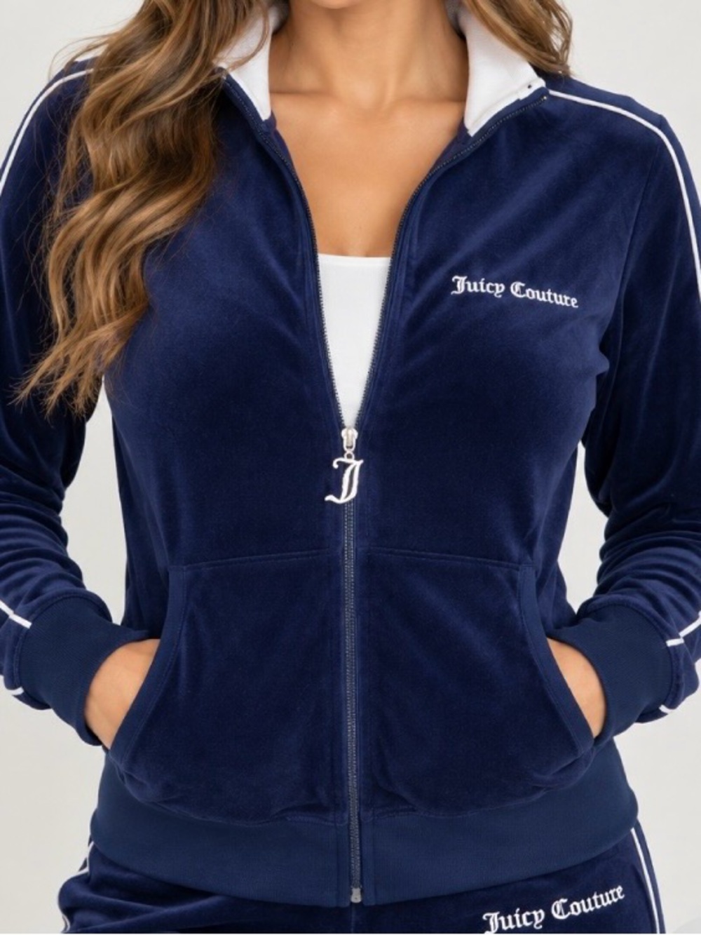 Juicy Couture Navy Velour Zip-Up Track Jacket with White Trim